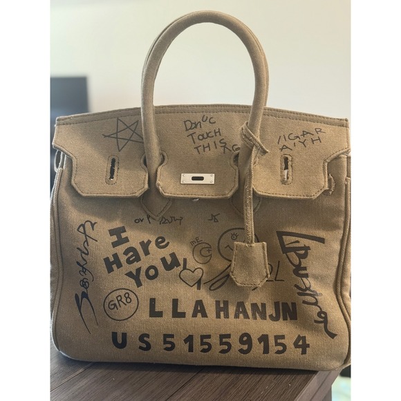 Olive Green Handbag Graffiti Design Top Handle Satchel Purse Pop birk 12x10x8 - Picture 1 of 6